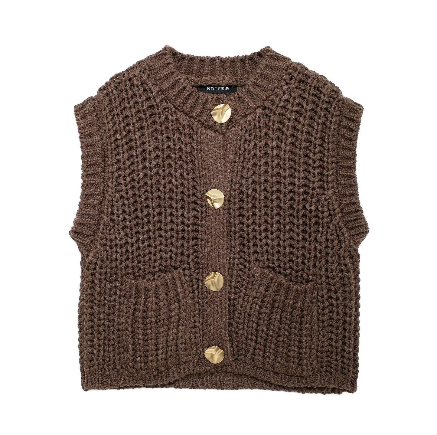 Cardigan sans manches marron foncé – Maille épaisse chic et confortable.