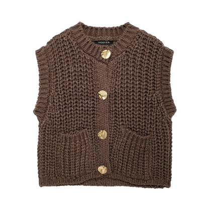 Cardigan sans manches marron foncé – Maille épaisse chic et confortable.